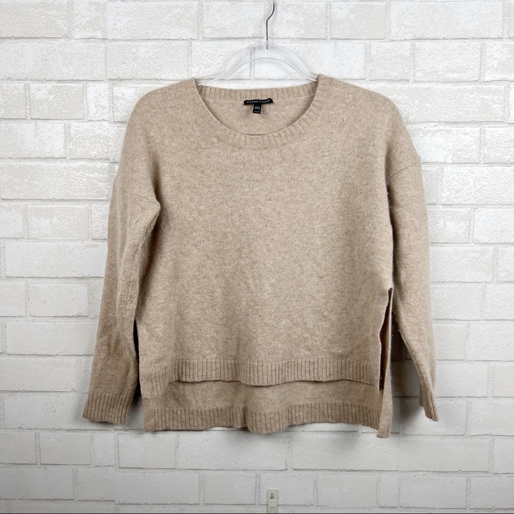 Eileen Fisher Tan Knit Long Sleeve Crewneck Side Slit Women's Sweater Size Med